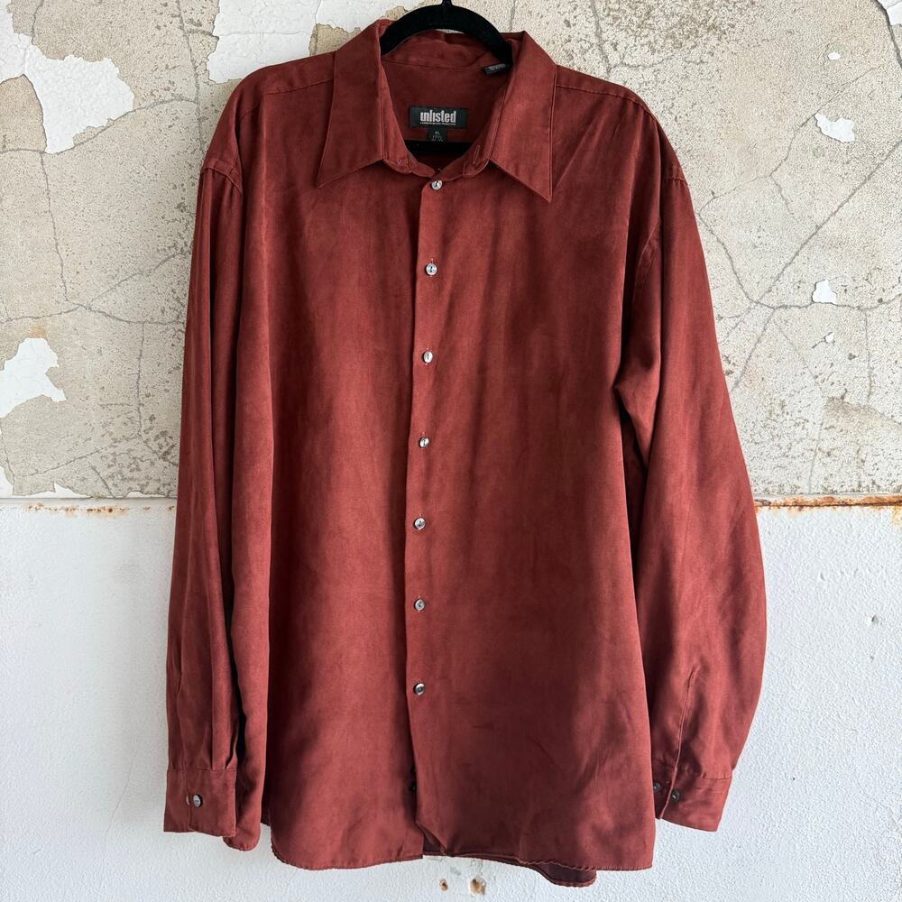 Y2k Faux Suede Shirt Button Down Rust‎ Brown Microfiber Unlisted Kenneth Cole XL